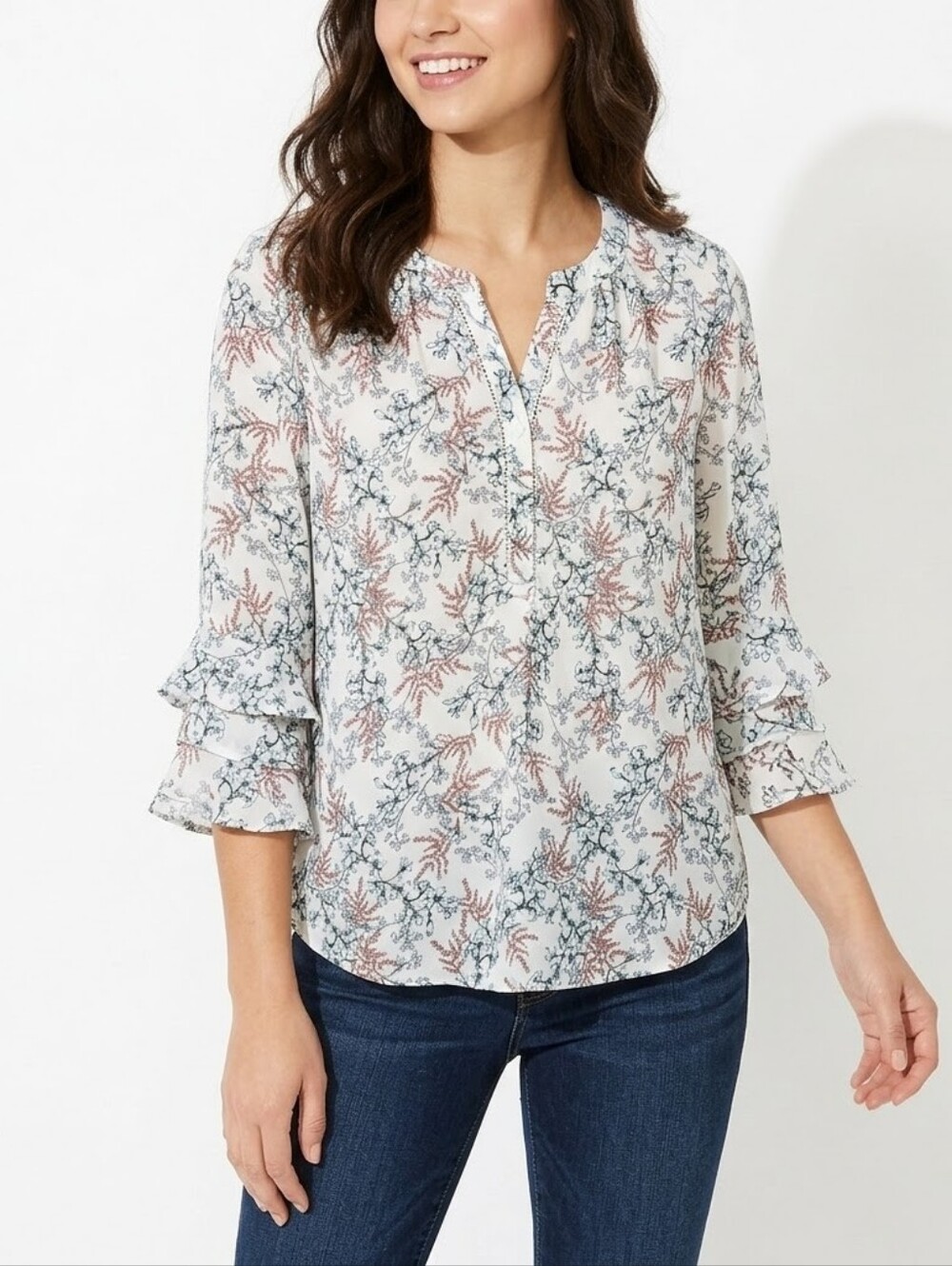 Liz Claiborne Petite Floral Double Ruffle Sleeve V-Neck Blouse Size PL
